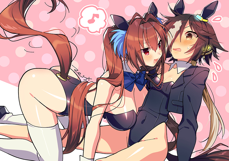 2girls, :d, all_fours, alternate_costume, animal_ears, artist_name, ass, bare_legs