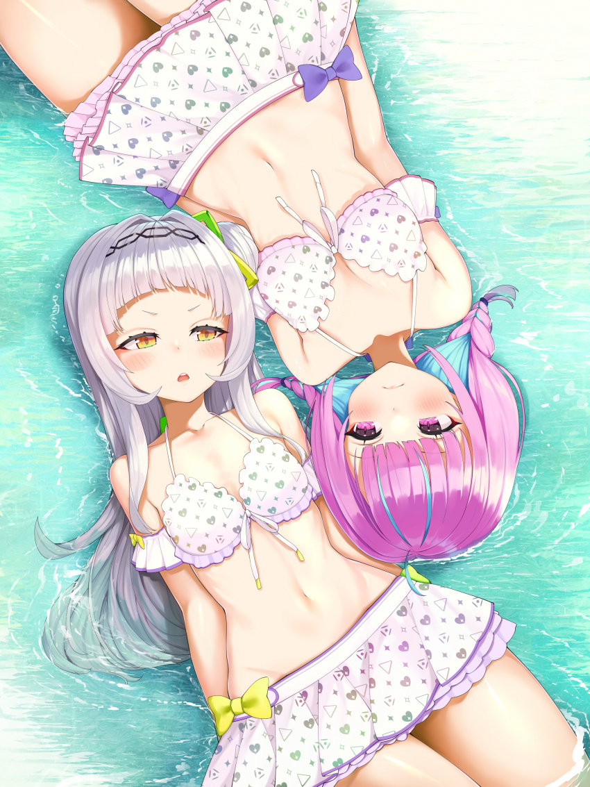 2girls, absurdres, ahoge, bikini, blue_hair, blunt_bangs, blush, bow