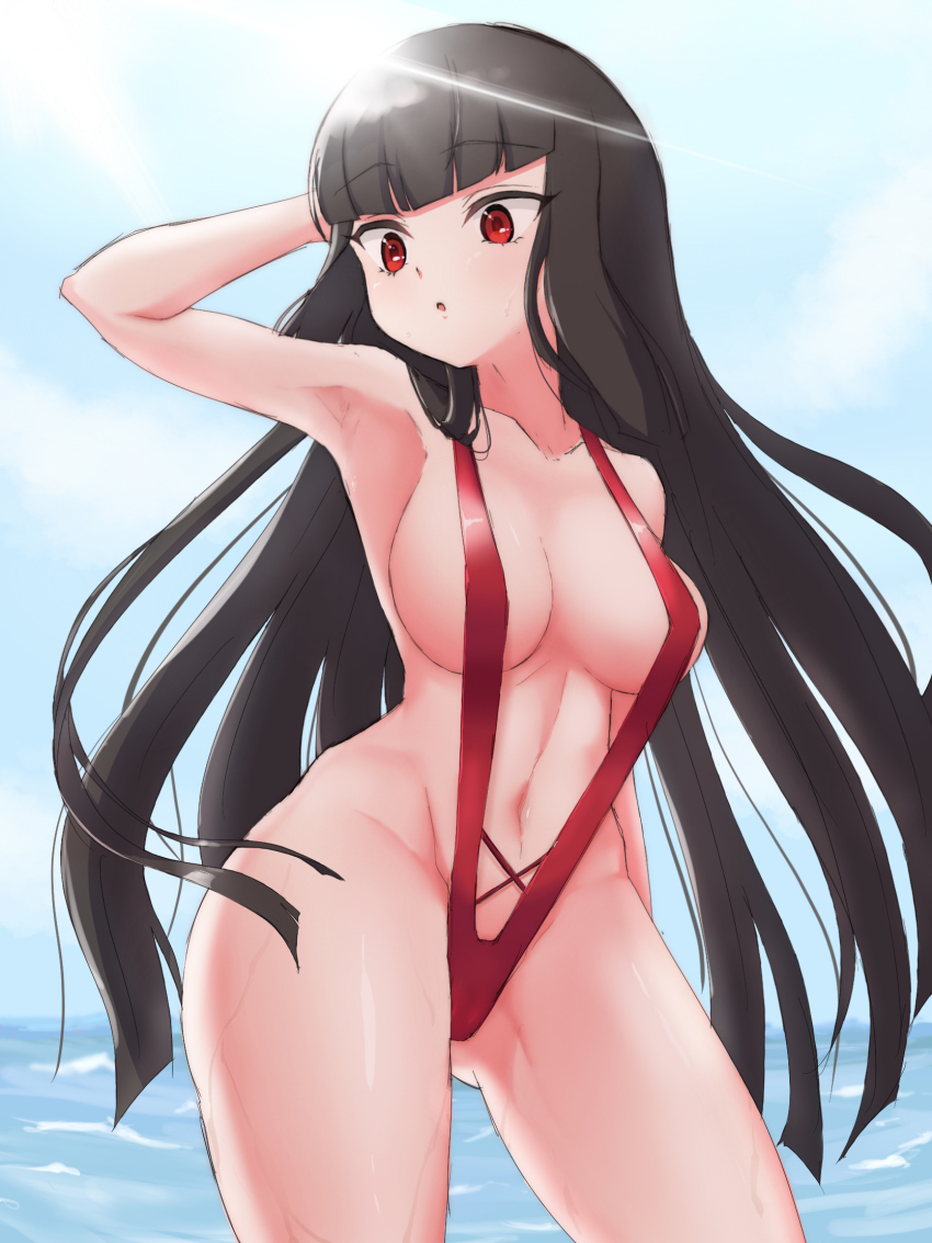 1girl, :o, alternate_hairstyle, arm_behind_head, armpits, atre_(jashin-chan_dropkick), bare_legs, bare_shoulders, blunt_bangs, breasts, brown_hair, collarbone, cowboy_shot, gluteal_fold, highres, jashin-chan_dropkick, large_breasts, long_hair, looking_to_the_side, navel, ocean, one-piece_swimsuit, open_mouth, red_eyes, red_one-piece_swimsuit, red_slingshot_swimsuit, shino_(yaruki_nai_yatsu), sky, slingshot_swimsuit, solo, standing, swimsuit, thighs, very_long_hair, wet