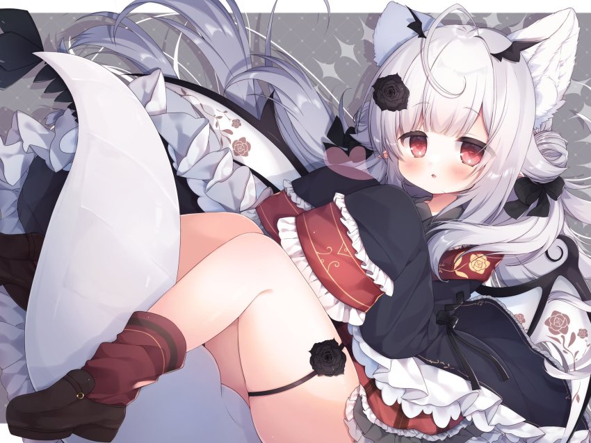 1girl, ahoge, animal_ear_fluff, animal_ears, bare_legs, between_legs, black_bow, black_coat