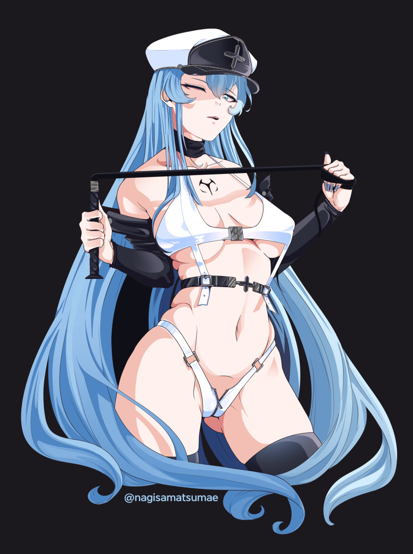 1girl, absurdres, akame_ga_kill!, blue_eyes, blue_hair, blush, breasts, chest_tattoo, curvy, esdeath, hat, highres, holding, holding_whip, large_breasts, military_hat, nagisamatsumae, nail_polish, solo, standing, tattoo, white_hat