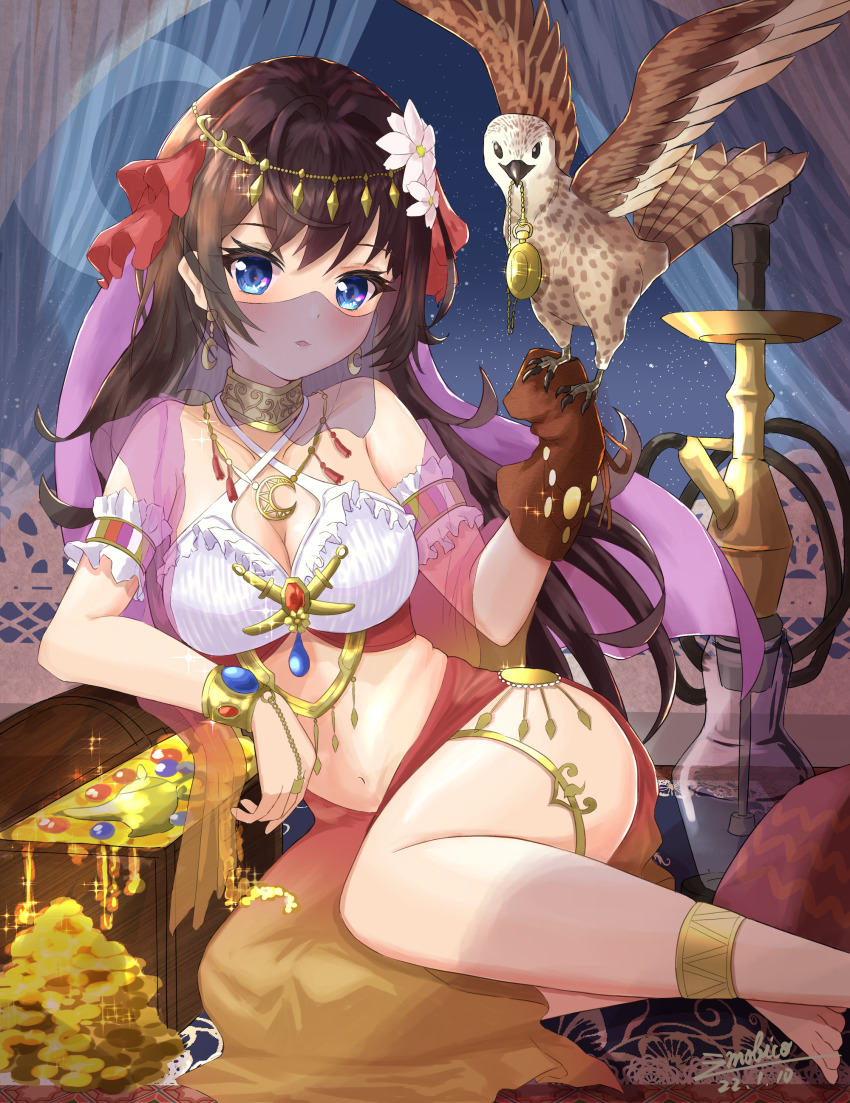 1girl, absurdres, arabian_clothes, barefoot, bikini, bird, blue_eyes, blush