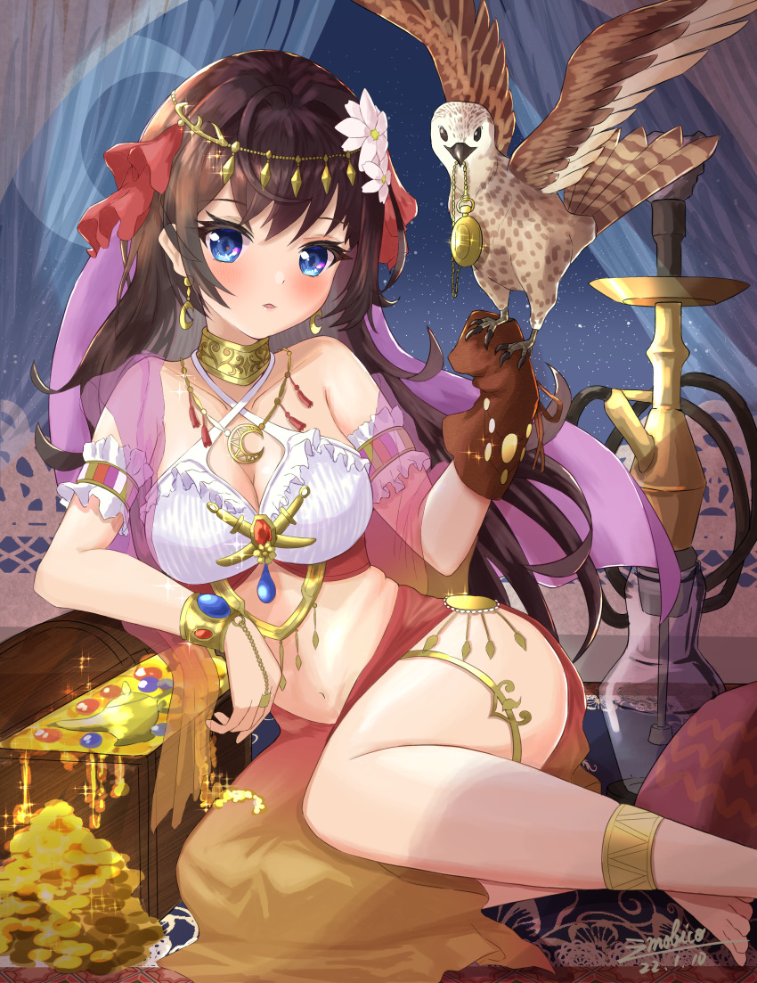 1girl, absurdres, arabian_clothes, barefoot, bikini, bird, blue_eyes, blush