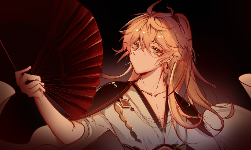 1boy, aether_(genshin_impact), alternate_costume, bishounen, blonde_hair, boots, cape, folding_fan