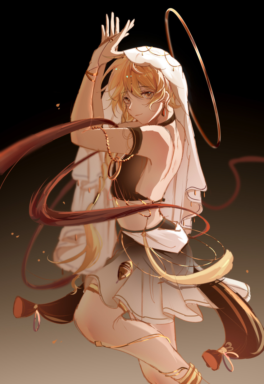 1boy, absurdres, aether_(genshin_impact), alternate_costume, arabian_clothes, bare_shoulders, bishounen, blonde_hair, bracelet, braid, dancer, genshin_impact, girly_boy, halo, harem_outfit, highres, jewelry, lgny2x, long_hair, looking_at_viewer, male_focus, single_braid, solo, trap, veil
