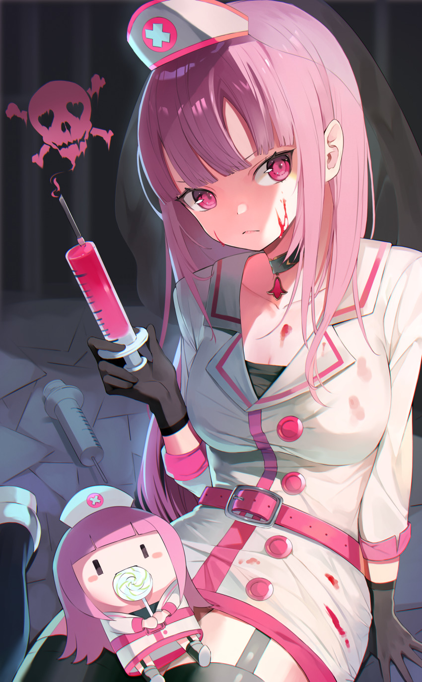 belt, blood, blood_on_face, candy, chibi, collar, dadada, dress