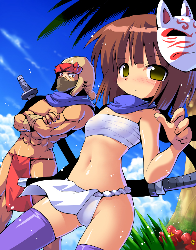 1boy, 1girl, atlus, brown_hair, character_request, etrian_odyssey, fundoshi, japanese_clothes