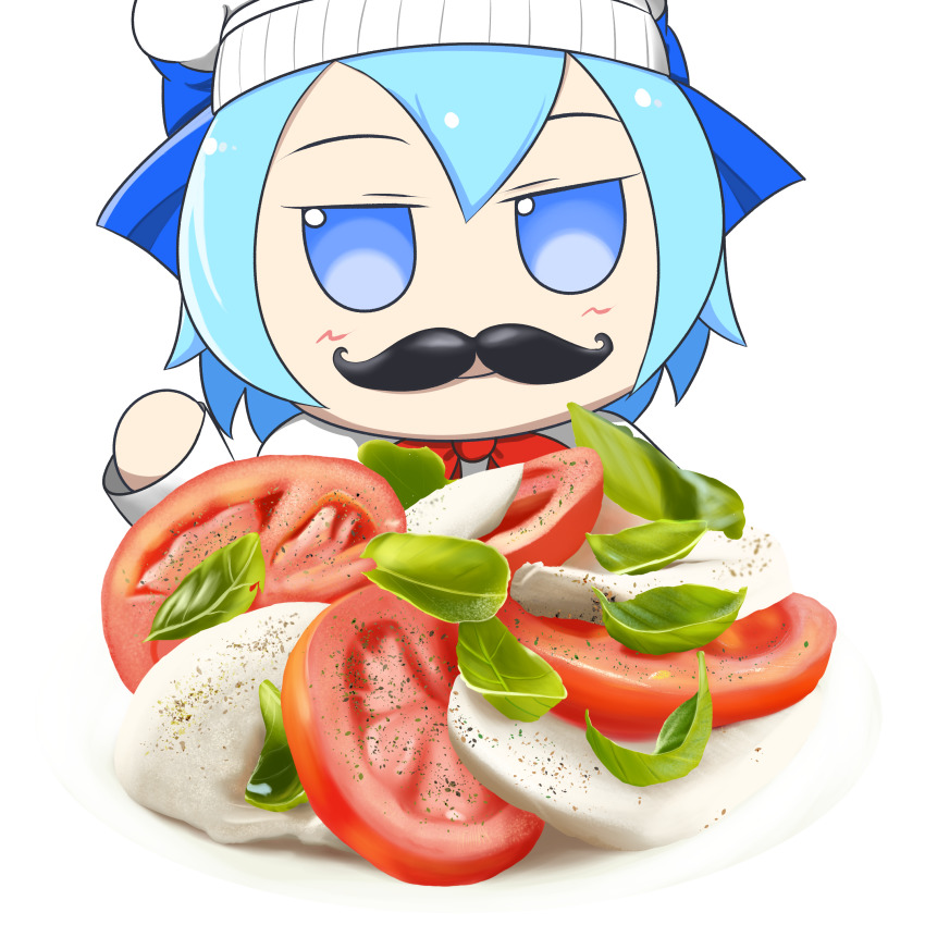 absurdres, basil_leaf, blue_bow, blue_eyes, blue_hair, blush, blush_stickers, bow