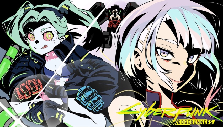 2girls, artificial_eye, bare_shoulders, black_bra, black_hair, black_jacket, black_panties, bodysuit, bra, breasts, collared_shirt, colored_sclera, colored_skin, creator_connection, cyberpunk, cyberpunk_(series), cyberpunk:_edgerunners, cyborg, david_martinez, demongem, green_hair, jacket, leg_tattoo, long_hair, looking_at_viewer, lucy_(cyberpunk), single_mechanical_eye, medium_breasts, multicolored_eyes, multicolored_hair, multiple_girls, neck_tattoo, pale_skin, panties, parody, parted_bangs, petite, rebecca_(cyberpunk), red_lips, red_sclera, samurai_jacket_(cyberpunk), shirt, short_hair, small_breasts, smile, stomach_tattoo, style_parody, tattoo, tengen_toppa_gurren_lagann, twintails, underwear, white_skin