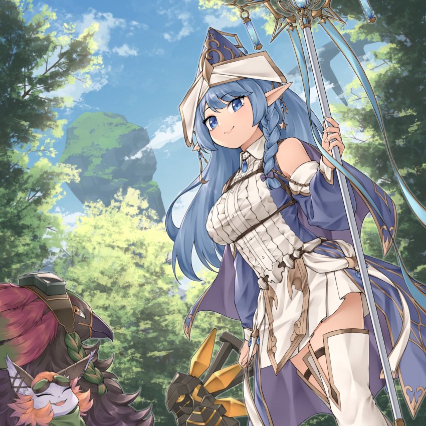 2girls, blue_eyes, blue_hair, breasts, closed_eyes, commentary_request, duel_monster, earrings, elf, goggles, goggles_on_head, highres, holding, holding_staff, jewelry, magicore_warrior_of_the_relics, meshida_(lux-far-accelerator), multiple_girls, open_mouth, orange_hair, pointy_ears, smile, staff, wandering_gryphon_rider, water_enchantress_of_the_temple, yu-gi-oh!