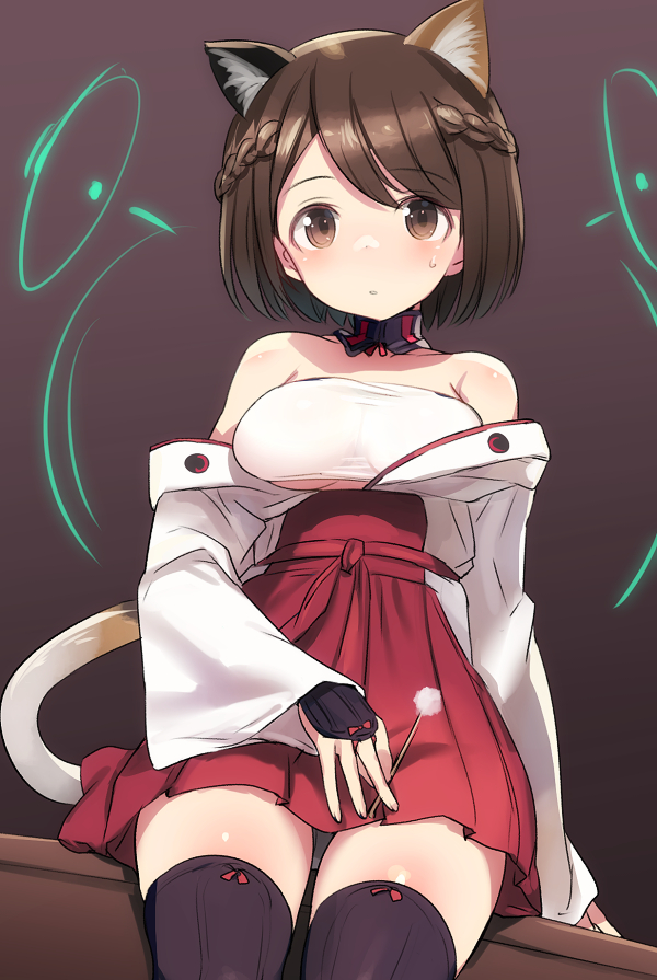 1girl, animal_ears, bare_shoulders, blush, breasts, brown_eyes, brown_hair, cat_ears