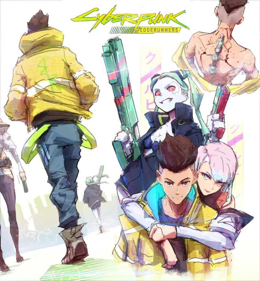 absurdres, cyberpunk_(series), cyberpunk_2077, cyberpunk:_edgerunners, david_martinez, david_martinez_jacket, highres, lucy_(cyberpunk), rebecca_(cyberpunk), sandevistan, stephengiannart, weapon, white_hair