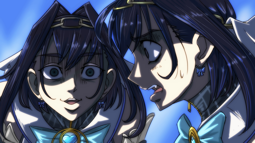 1girl, blue_eyes, blue_hair, bow, bow_earrings, chain, earrings, gyorai