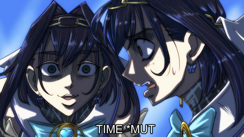 1girl, blue_eyes, blue_hair, bow, bow_earrings, censored, censored_text, chain