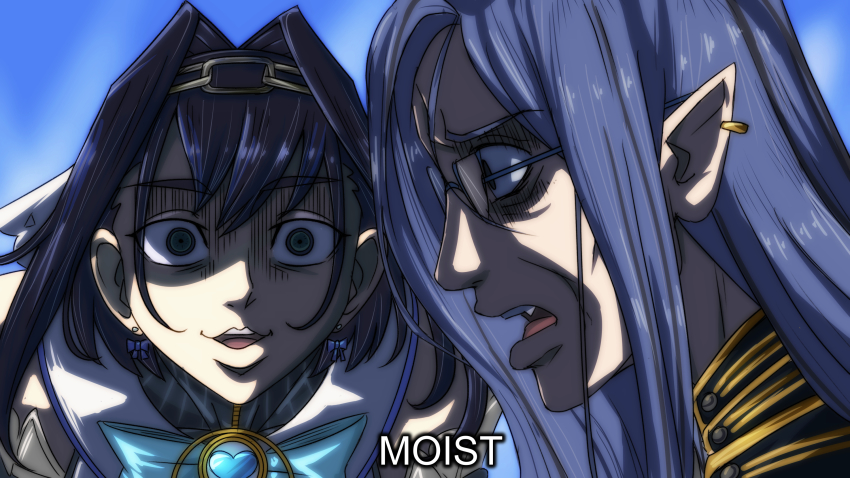 1boy, 1girl, blue_eyes, blue_hair, bow, chain, earrings, english_text