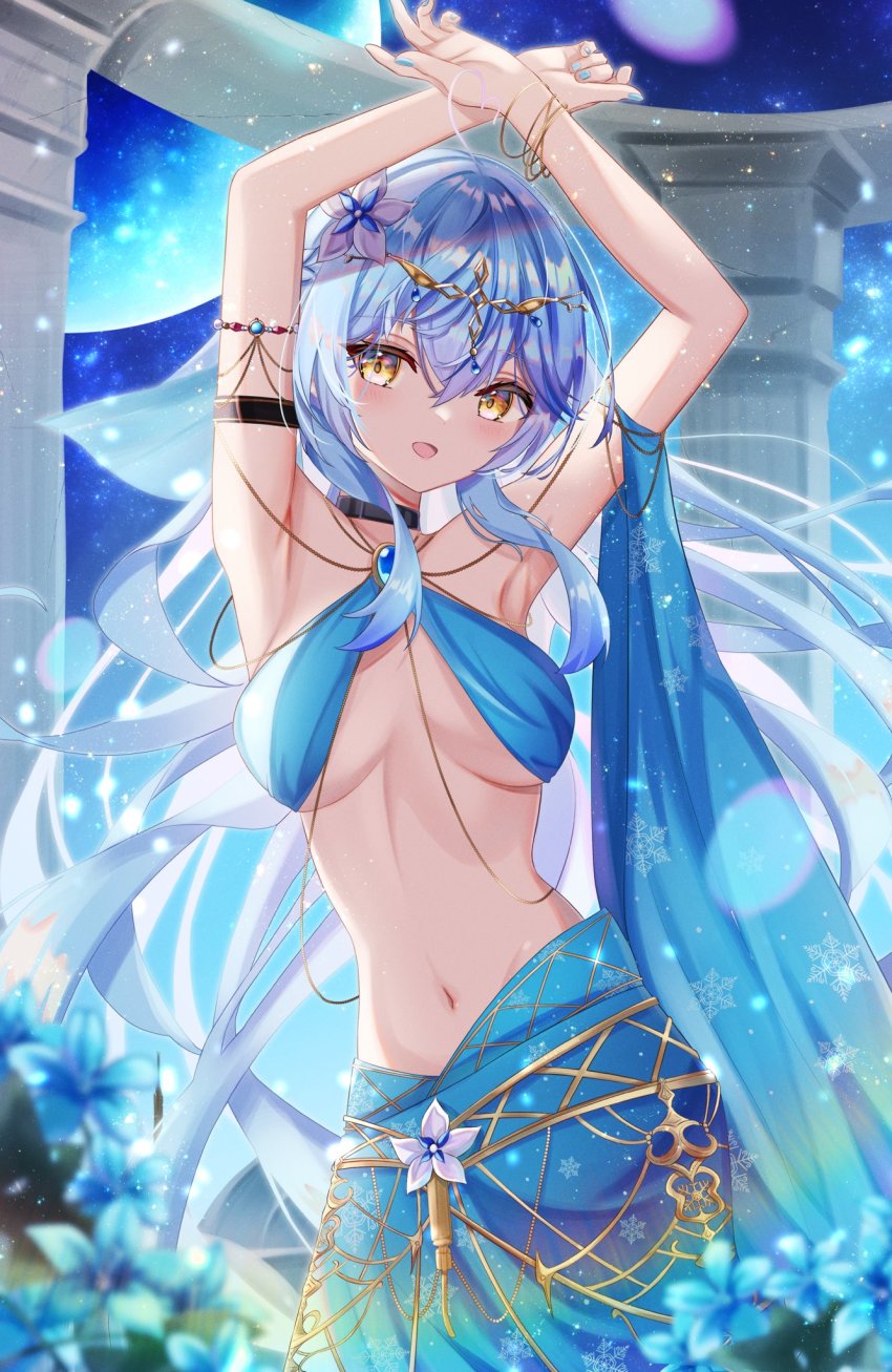 1girl, ahoge, arm_strap, armpits, arms_up, bangle, bare_arms, blue_hair
