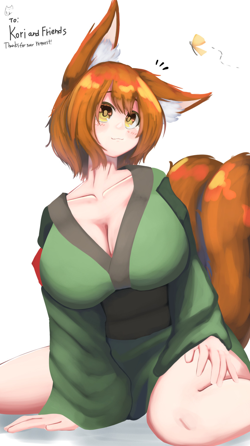 1girl, absurdres, alexannubenube, animal_ears, breasts, brown_eyes, brown_hair, bug, butterfly, cleavage, fox_ears, fox_girl, fox_tail, highres, insect, japanese_clothes, kimono, kitsune, kori_sanada_(fovoham_adventurers_guild), long_sleeves, original, short_hair, smile, tail