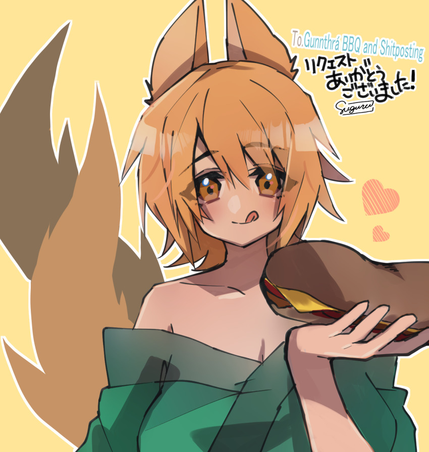 1girl, animal_ears, breasts, brown_eyes, brown_hair, food, fox_ears, fox_girl