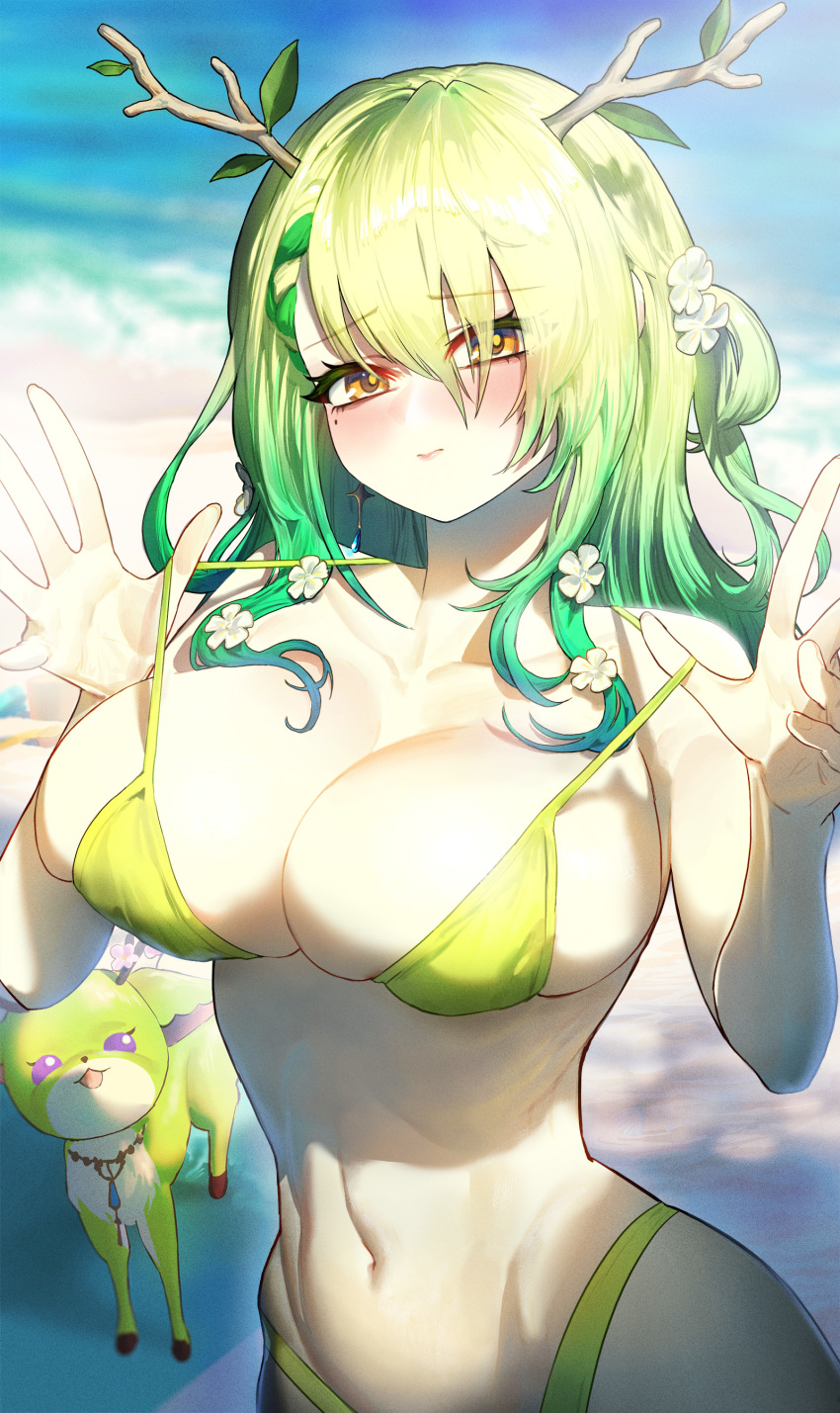 1girl, absurdres, antlers, beach, bikini, bikini_pull, blurry, blurry_background, blush, branch, breasts, ceres_fauna, clothes_pull, collarbone, day, deer, flower, ghdwid, green_hair, hair_flower, hair_ornament, hands_up, highres, hololive, hololive_english, horns, large_breasts, leaf, long_hair, looking_at_viewer, mole, mole_under_eye, navel, nemu_(ceres_fauna), open_hands, outdoors, pulling_own_clothes, raised_eyebrows, stomach, strap_pull, swimsuit, toned, virtual_youtuber, wavy_hair, yellow_bikini, yellow_eyes