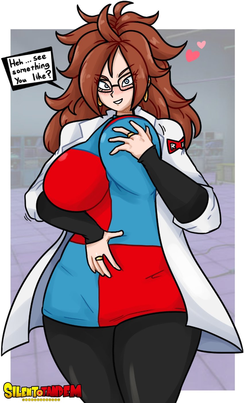 1girl, absurdres, android_21, blush, breasts, brown_hair, dragon_ball, earrings, female_focus, glasses, grabbing_another's_breast, groping, heart, highres, huge_breasts, jewelry, lab_coat, large_breasts, looking_at_viewer, medium_hair, ring, silenttandem, solo, thick_thighs, thighs