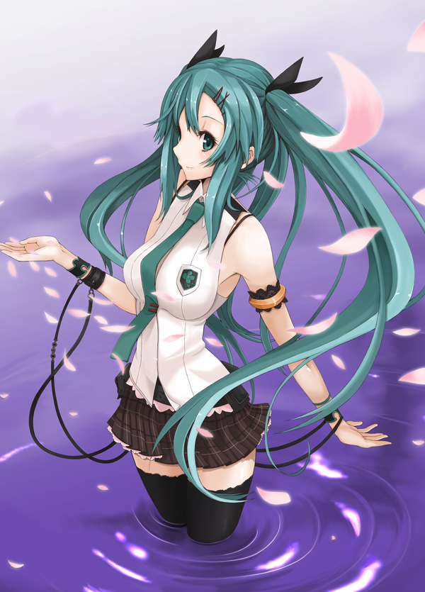 cherry_blossoms, hatsune_miku, long_hair, necktie, skirt, solo, square-end_necktie, tawara_hiryuu