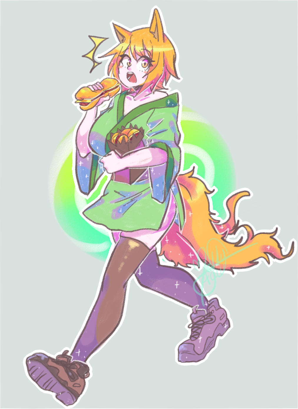 1girl, animal_ears, bag, bread, breasts, brown_eyes, brown_footwear, brown_hair