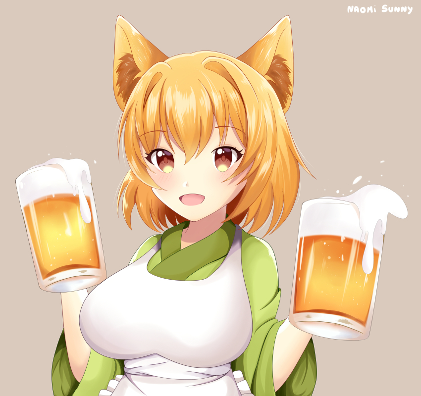 1girl, absurdres, animal_ears, apron, beer_mug, breasts, brown_eyes, brown_hair