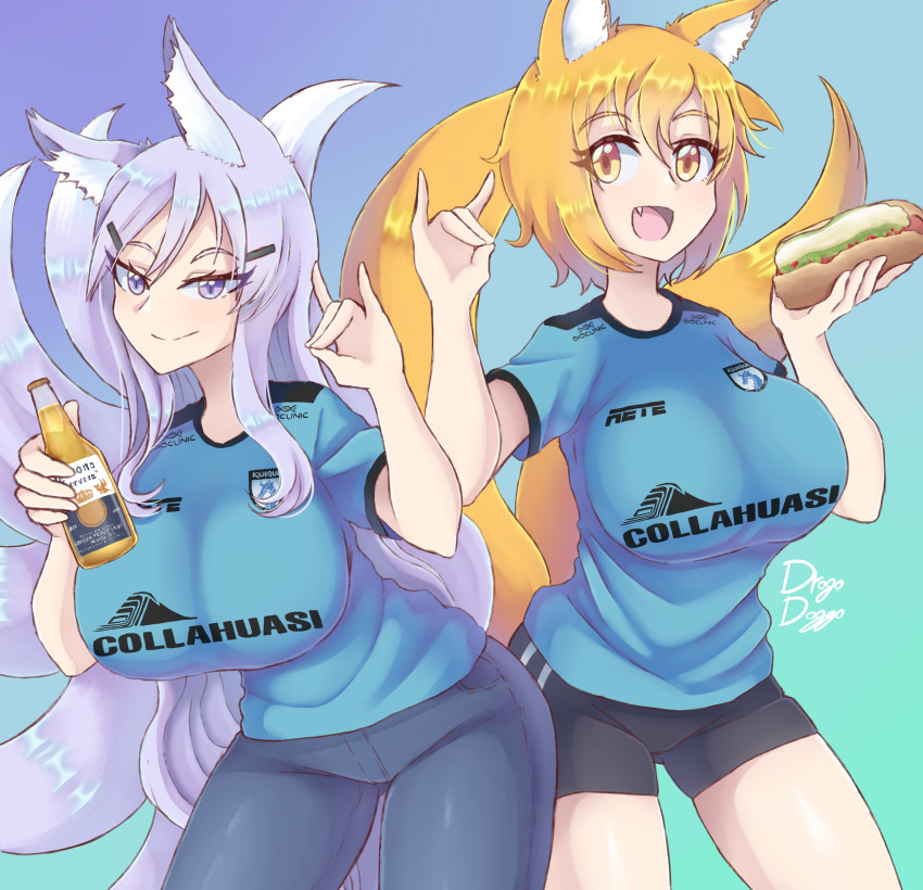 absurdres, alternate_costume, animal_ears, beer_bottle, breasts, brown_eyes, brown_hair, commission, commissioner_upload, drogo_doggo, fox_ears, fox_girl, fox_tail, hair_ornament, hairclip, hayami_yamauchi_(fovoham_adventurers_guild), highres, hot_dog, kori_sanada_(fovoham_adventurers_guild), large_breasts, long_hair, looking_at_viewer, purple_eyes, purple_hair, short_hair, smile, smug, tail, thighs, very_long_hair