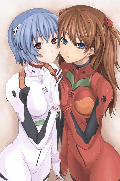 2girls, ayanami_rei, blue_eyes, blue_hair, blush, bodysuit, breast_press, breasts