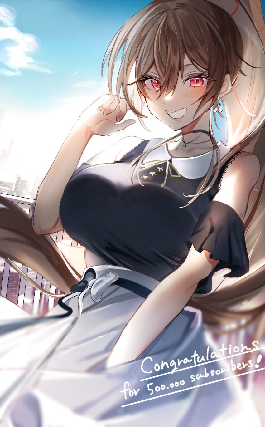 1girl, a0z0_aozo, bare_shoulders, breasts, brown_hair, earrings, furen_e_lustario, furen_e_lustario_(2nd_costume)