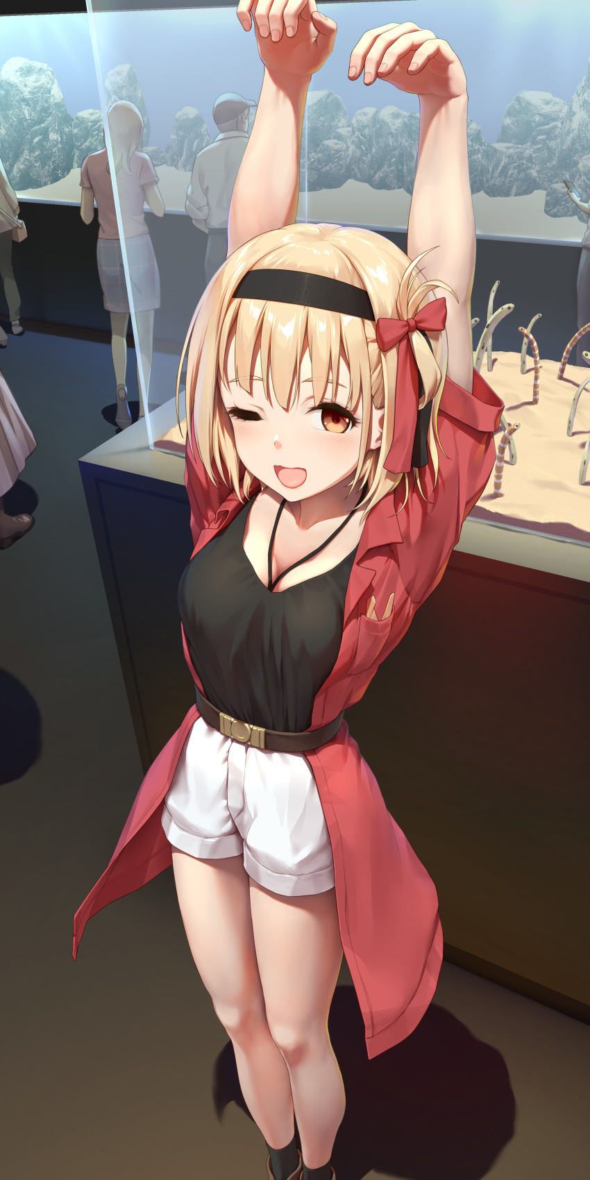 1girl, ;d, absurdres, aquarium, arms_up, belt, black_hairband, blonde_hair, breast_pocket, breasts, brown_belt, coat, commentary, feet_up, fish_tank, garden_eel, hair_ribbon, hairband, highres, himitsu_(hi_mi_tsu_2), jacket, jewelry, lycoris_recoil, medium_breasts, nishikigi_chisato, one_eye_closed, one_side_up, open_mouth, orange_eyes, pendant, people, pocket, red_jacket, red_ribbon, ribbon, shirt_tucked_in, short_hair, short_shorts, shorts, smile, solo_focus, standing, thighs, trench_coat, white_shorts