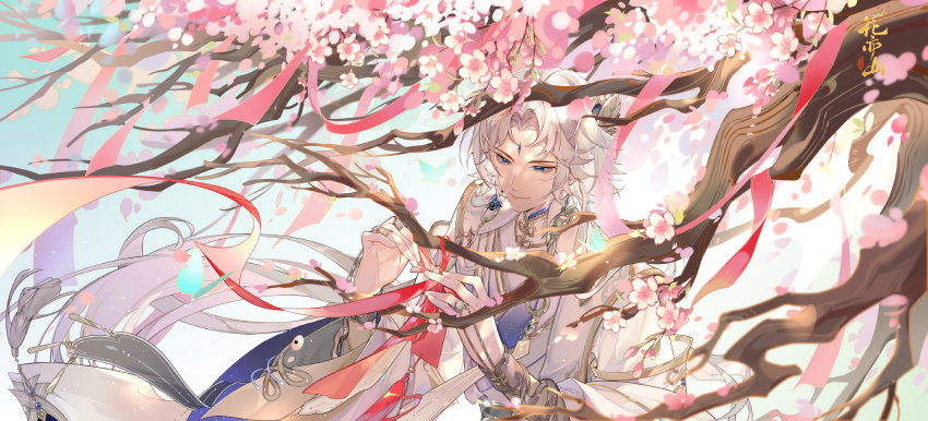 1boy, cherry_blossoms, chinese_clothes, dress, facial_mark, falling_petals, forehead_mark, highres