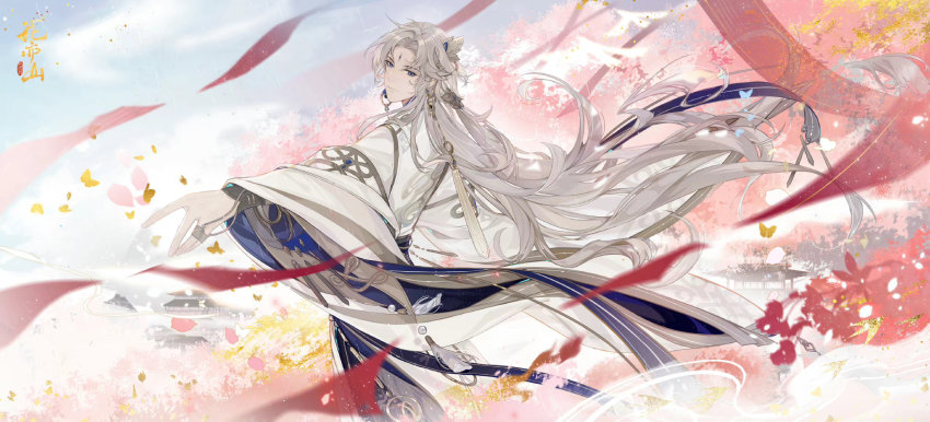 1boy, chinese_clothes, dress, facial_mark, falling_petals, forehead_mark, highres, hua_yi_shanxin_zhiyue