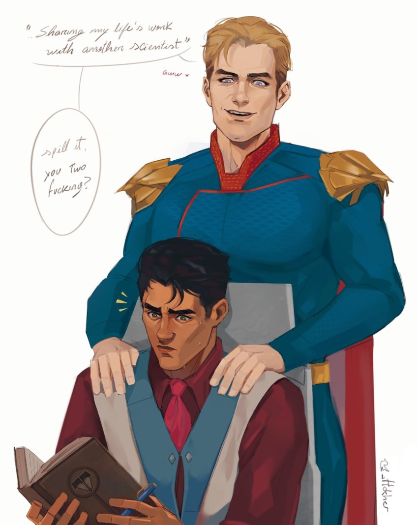 2boys, :d, arcane:_league_of_legends, arcane_jayce, black_hair, blonde_hair, blue_eyes, bodysuit