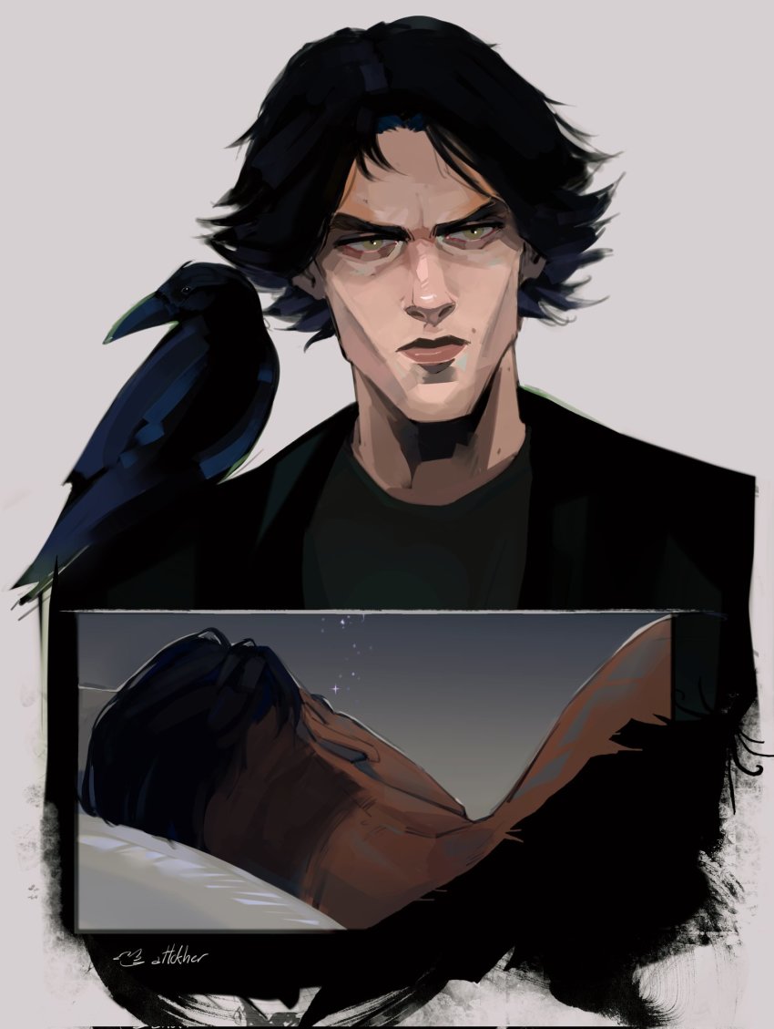 2boys, animal, animal_on_shoulder, arcane:_league_of_legends, arcane_jayce, artist_name, bird, bird_on_shoulder