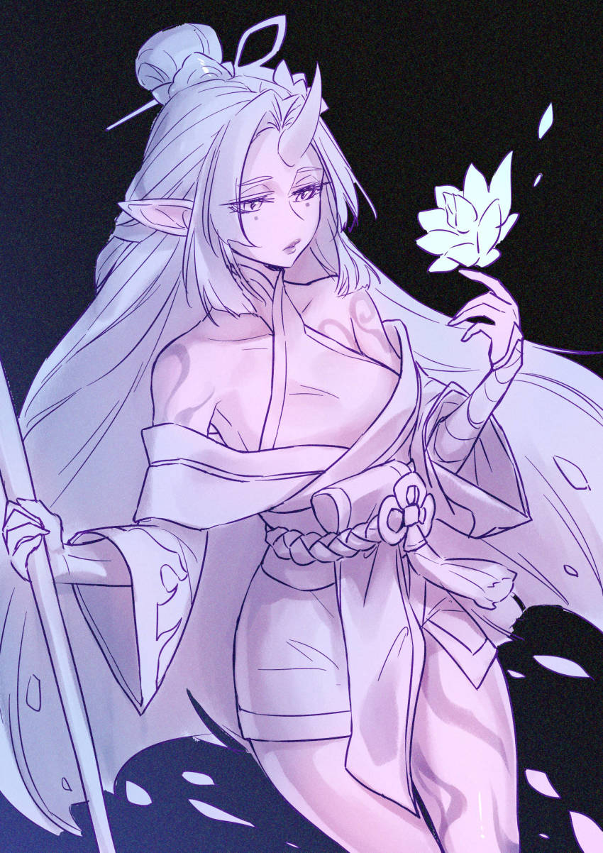 1girl, bare_shoulders, black_background, breasts, closed_mouth, collarbone, cowboy_shot, flower, gradient_background, hair_bun, highres, holding, holding_staff, horns, japanese_clothes, kimono, large_breasts, league_of_legends, leg_tattoo, long_hair, petals, pointy_ears, pote0508, rope, short_kimono, single_hair_bun, single_horn, solo, soraka_(league_of_legends), spirit_blossom_soraka, staff, tattoo, wide_sleeves