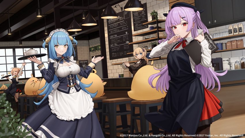 4girls, achilles_(azur_lane), ajax_(azur_lane), alternate_costume, apron, arm_up, azur_lane, black_apron