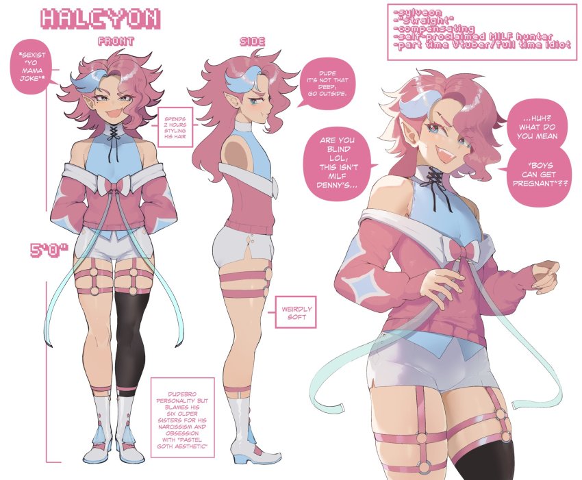 1boy, :d, :t, black_thighhighs, blue_eyes, boots, closed_mouth, english_text