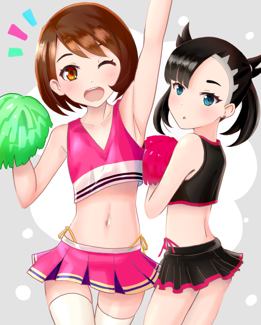 2girls, aqua_eyes, arm_above_head, armpits, asymmetrical_bangs, bare_shoulders, black_hair, black_shirt