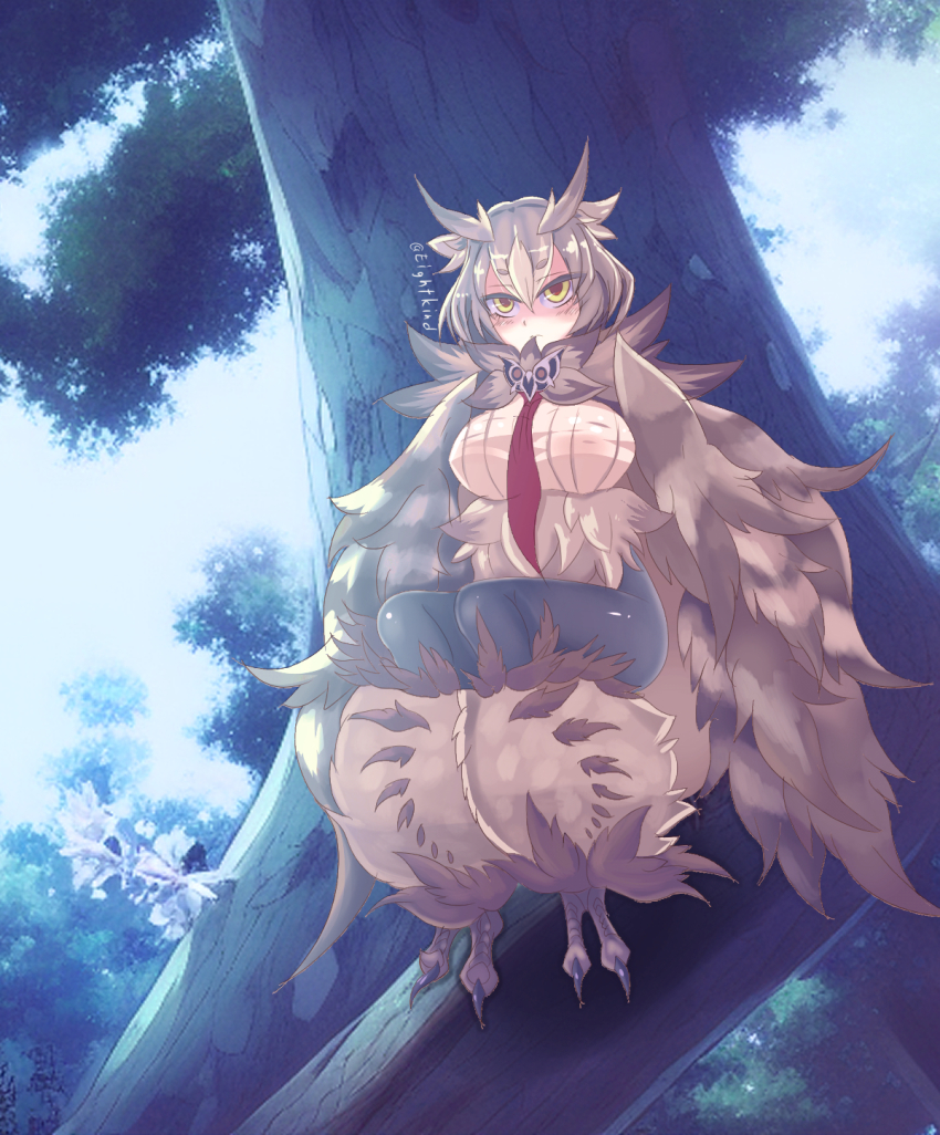 1girl, ai-assisted, atuba, blush, breasts, brown_hair, feathered_wings, feathers, fluffy, hair_between_eyes, harpy, highres, in_tree, large_breasts, looking_at_viewer, monster_girl, monster_girl_encyclopedia, neck_ruff, necktie, owl_girl, owl_mage_(monster_girl_encyclopedia), short_hair, sitting, sitting_in_tree, solo, talons, tree, twitter_username, winged_arms, wings, yellow_eyes