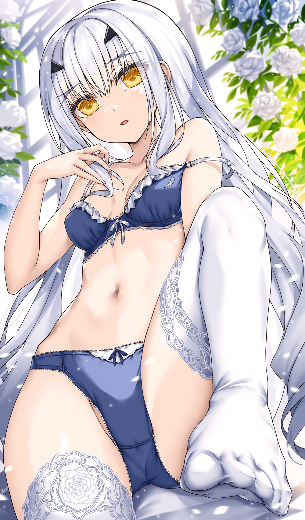 1girl, bare_shoulders, blue_bra, blue_panties, bra, breasts, brown_eyes, collarbone