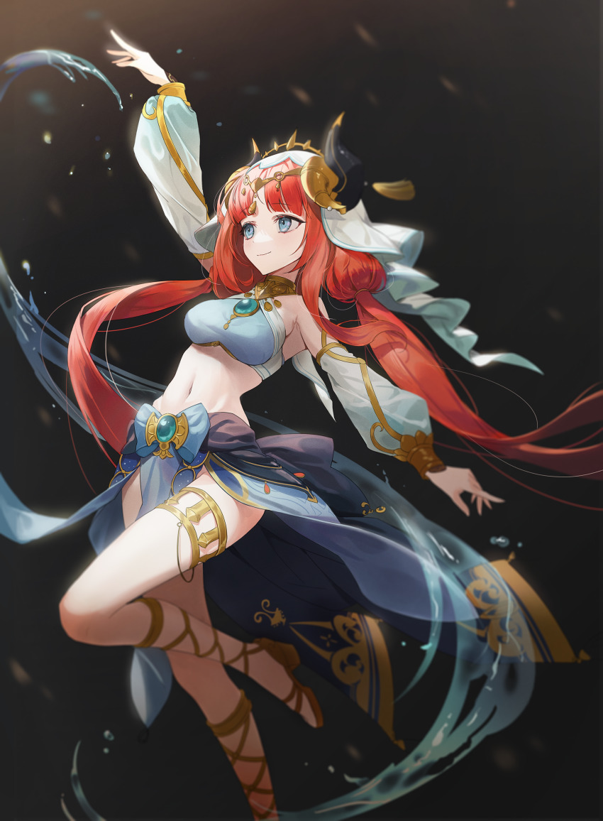 1girl, absurdres, arm_up, bare_shoulders, blue_eyes, blue_skirt, blurry, bracer