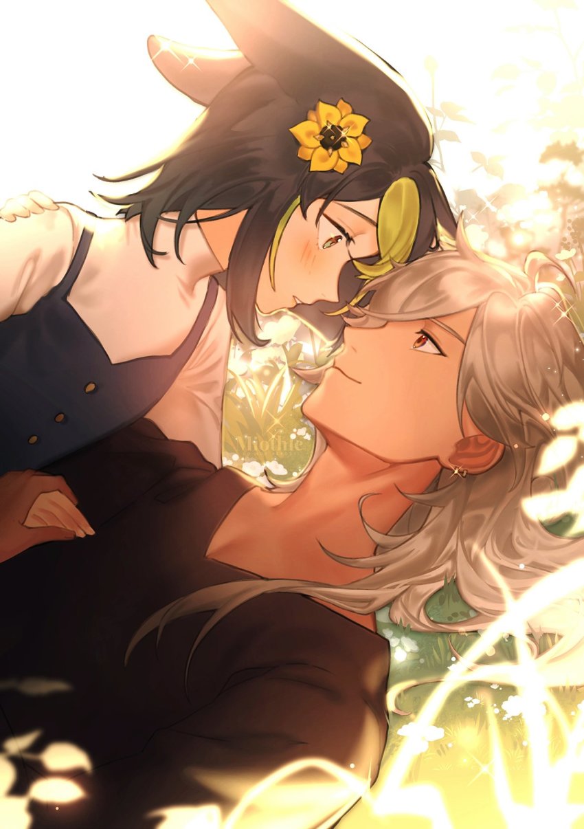 2boys, animal_ears, black_shirt, blush, cyno_(genshin_impact), flower, fox_boy, fox_ears