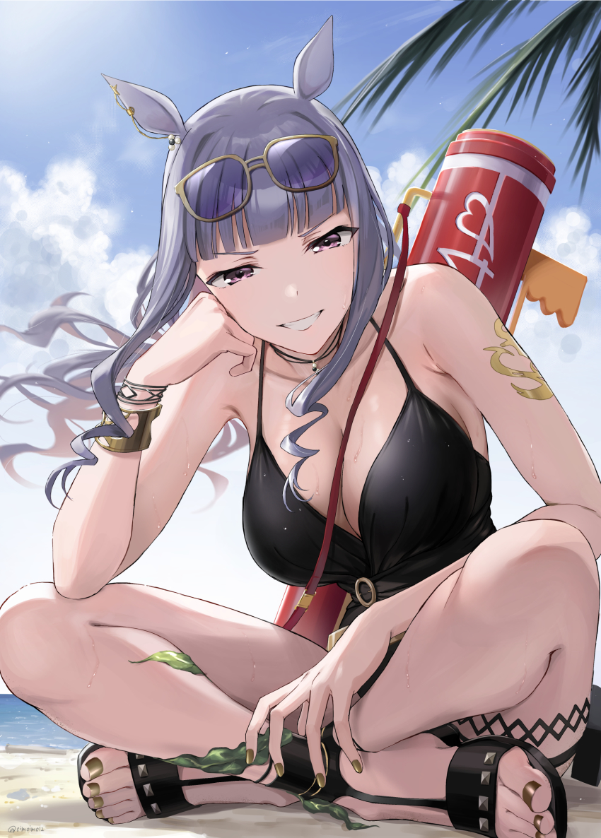 1girl, absurdres, animal_ears, arm_tattoo, bare_shoulders, black_one-piece_swimsuit, black_sandals, blue_sky, blunt_bangs, bracelet, breasts, casual_one-piece_swimsuit, cloud, cloudy_sky, collarbone, commentary_request, day, eyewear_on_head, feet, floating_hair, foreshortening, gold_ship_(run_revolt_launcher)_(umamusume), gold_ship_(umamusume), grey_hair, grin, half-closed_eyes, hand_up, highres, horse_ears, horse_girl, indian_style, jewelry, kuguri_oimo, large_breasts, long_hair, looking_at_viewer, nail_polish, ocean, official_alternate_costume, one-piece_swimsuit, palm_leaf, pink_eyes, sandals, seaweed, sitting, sky, smile, solo, sunglasses, swimsuit, tattoo, thigh_strap, thighs, toenail_polish, toenails, toes, umamusume, water, water_gun, wet, wet_clothes, wet_swimsuit, yellow_nails