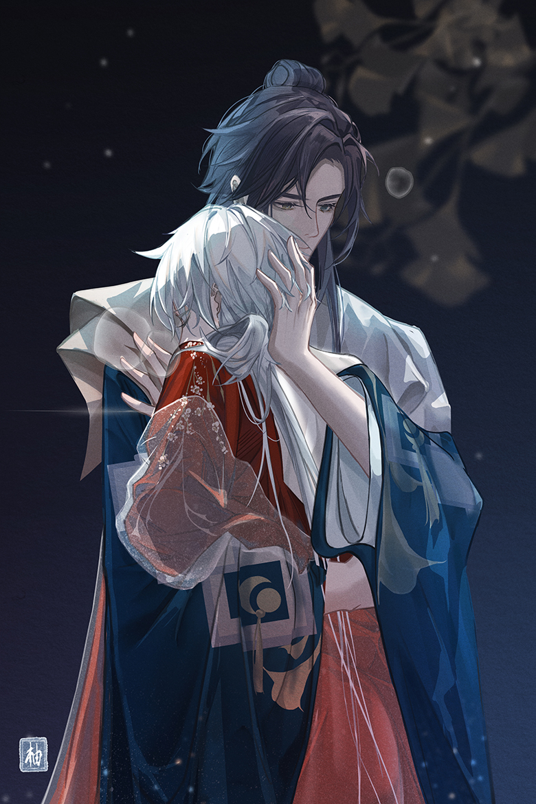 2boys, bishounen, bu_ye, chinese_clothes, hand_on_another's_head, hanfu, hua_yi_shanxin_zhiyue, hug