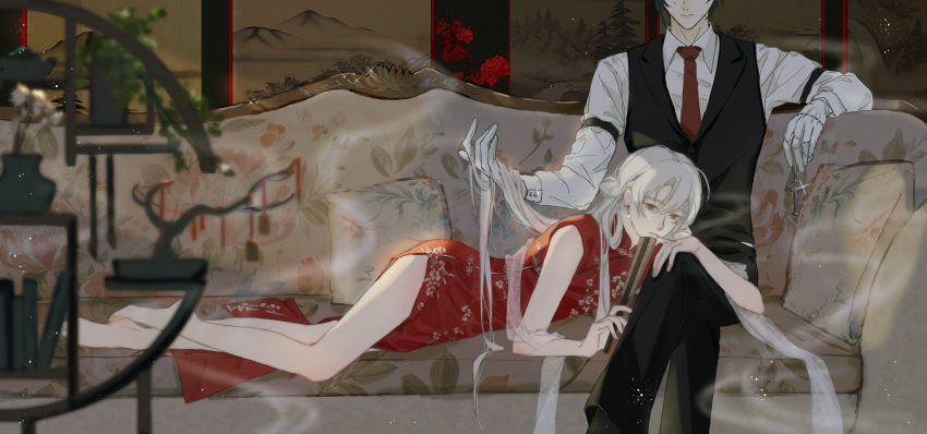 2boys, absurdres, barefoot, bu_ye, china_dress, chinese_clothes, couch, dress, fengzhenzhuan, floral_print, flower, formal_clothes, gloves, hand_fan, hand_in_another's_hair, highres, holding, holding_fan, hua_yi_shanxin_zhiyue, lying, male_focus, multiple_boys, peony_print, red_flower, short_sleeves, smoke, sparkle, spider_lily, suit, trap, uniform, white_gloves, white_hair, xie_xingyi