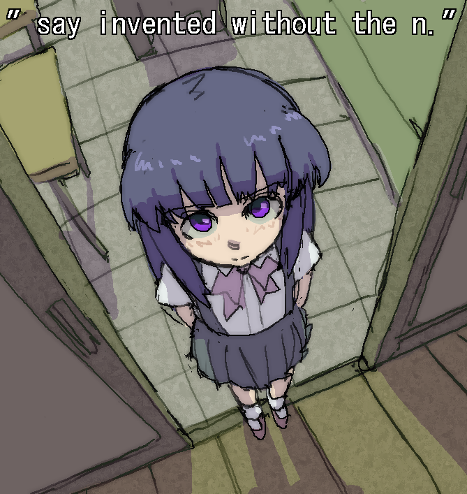 1girl, arms_behind_back, black_skirt, blue_hair, blunt_bangs, classroom, collared_shirt, desk, english_text, from_above, furude_rika, higurashi_no_naku_koro_ni, hime_cut, indoors, long_hair, looking_at_viewer, looking_up, mary_janes, pantsu-ripper, pleated_skirt, purple_eyes, school_desk, school_uniform, shirt, shoes, short_sleeves, sidelocks, skirt, sliding_doors, socks, solo, split_mouth, st._lucia_academy_school_uniform, suspender_skirt, suspenders, tile_floor, tiles, white_shirt, white_socks