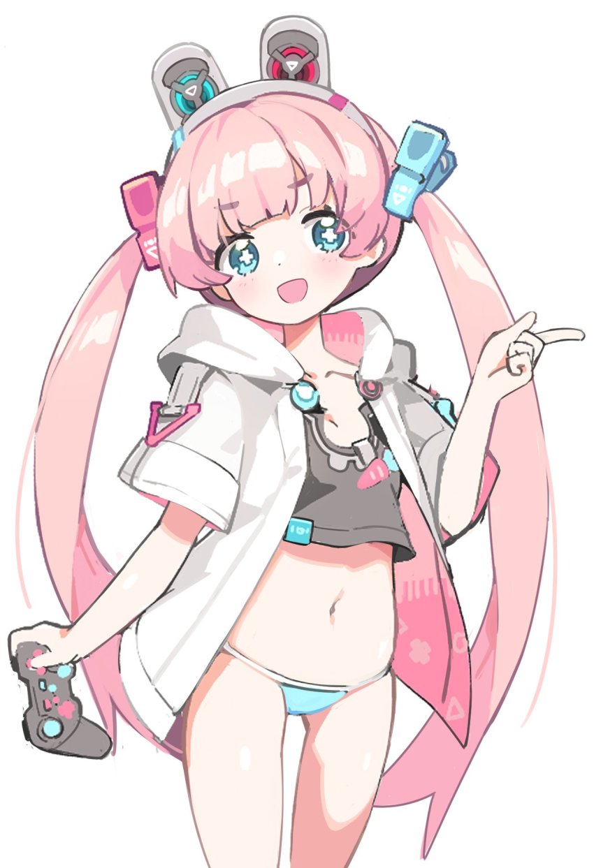 1girl, arm_up, black_shirt, blue_eyes, blue_panties, controller, female_focus, game_controller, gluteal_fold, hair_ornament, headgear, highres, index_finger_raised, jacket, loli, long_hair, looking_at_viewer, navel, no_pants, open_mouth, original, panties, shirt, short_sleeves, simple_background, smile, solo, standing, tekka_maki_(wafuu-bune), thighs, twintails, underwear, upper_body, very_long_hair, white_background, white_jacket