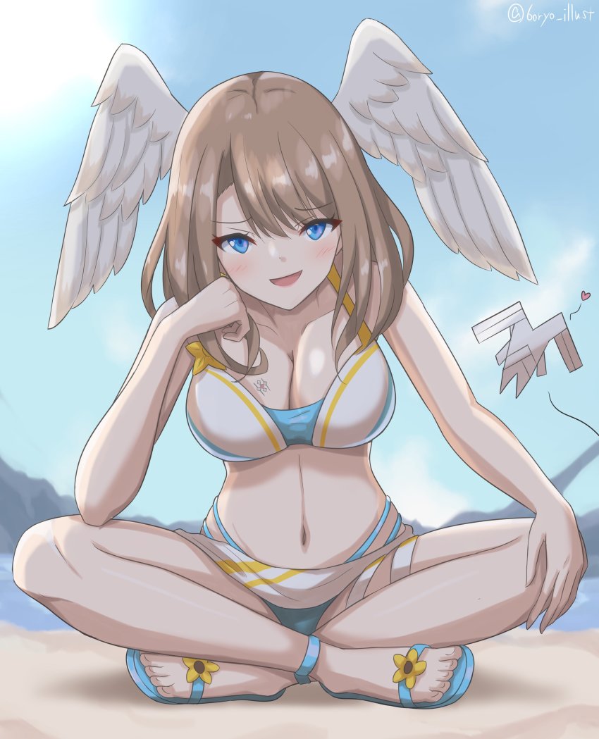 1girl, :d, absurdres, beach, bikini, blue_eyes, blush, breast_tattoo, breasts, brown_hair, cleavage, commentary_request, eunie_(xenoblade), full_body, head_wings, highres, indian_style, looking_at_viewer, medium_hair, mondo_(xenoblade_3), multi-strapped_bikini_bottom, official_alternate_costume, open_mouth, outdoors, ryochan96154, sandals, sitting, smile, solo, swimsuit, tattoo, white_wings, wings, xenoblade_chronicles_(series), xenoblade_chronicles_3