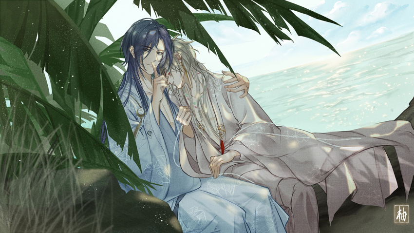 2boys, bu_ye, gem, hua_yi_shanxin_zhiyue, index_finger_raised, long_hair, looking_at_viewer, multiple_boys